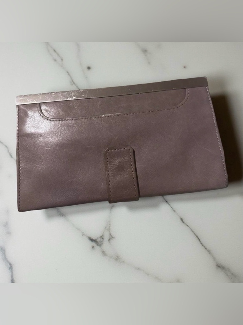 Hobo International Lauren clutch wallet distressed polished leather Taupe